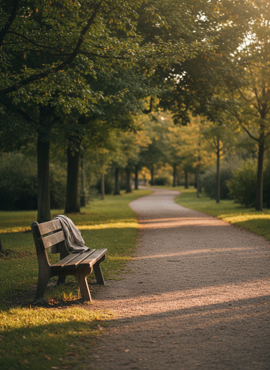 A winding gravel park path stretching into the distance, bordered by mature trees with mixed green and slightly yellowing leaves, suggesting the early stages of change. A sturdy wooden bench sits empty beside the path, its slats worn smooth, with a neatly folded light jacket resting on one end as a subtle sign of presence without showing anyone. Soft late-afternoon sunlight filters through the canopy, creating dappled patterns on the path and bench, with gentle, elongated shadows. The mood is contemplative and calm, evoking a reflective walk. Photographic realism, eye-level composition using the rule of thirds, with a shallow depth of field that keeps the bench and nearby path in crisp focus while the far end of the path fades into a soft, inviting blur.